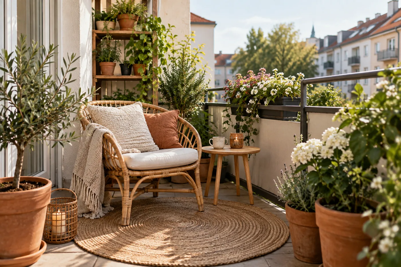 Gemütlicher Rattansessel mit weichen Kissen, Blüten und einer Tasse auf dem Beistelltisch