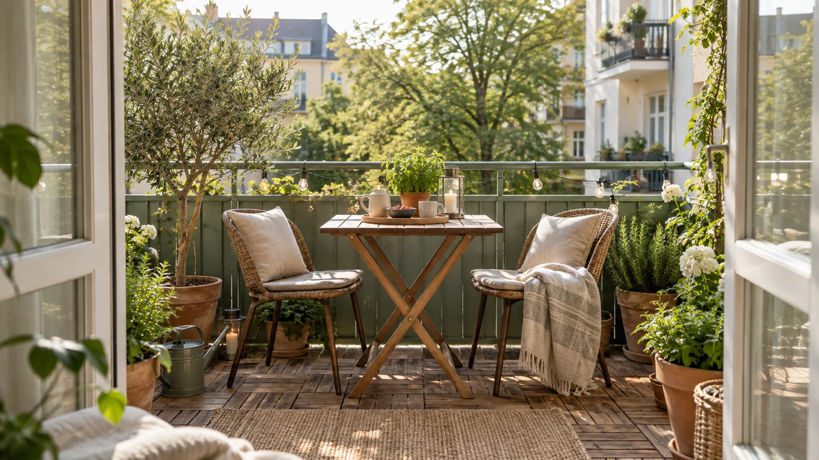 Ein sonniger Balkon mit Holzboden, gemütlichem Bistroplatz und üppigem Grün
